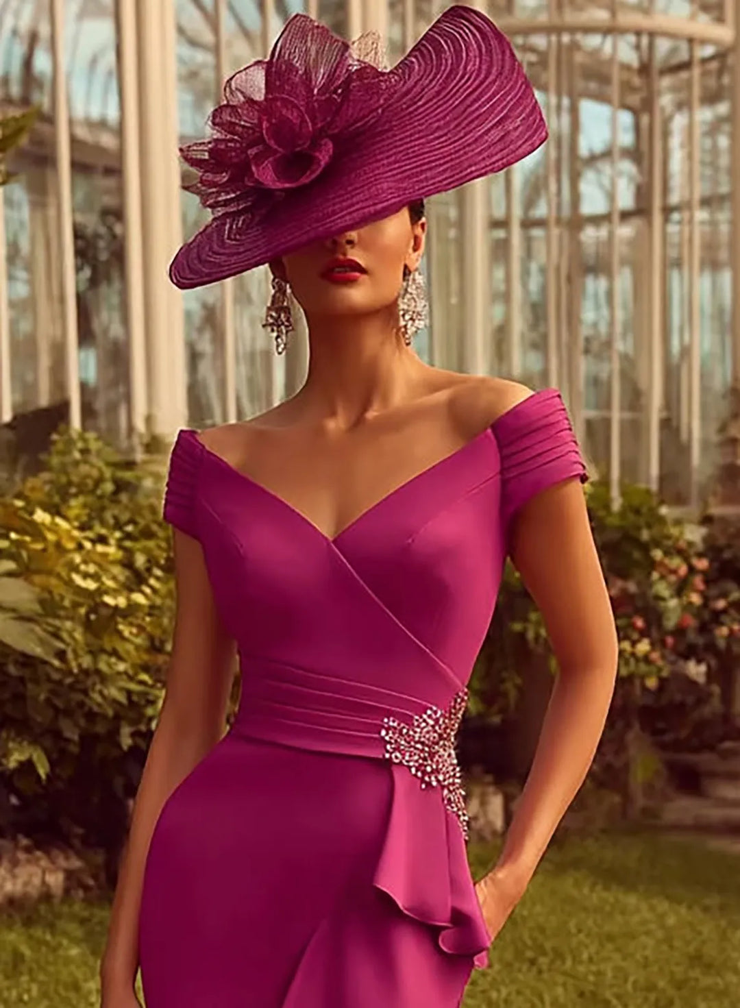 Fuchsia pink formal dress featuring an off shoulder neckline, fitted bodice and sparkling embellishment