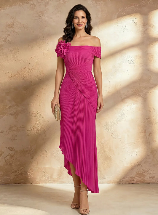 Fuchsia pink off shoulder midi dress with pleated fabric and elegant floral detail