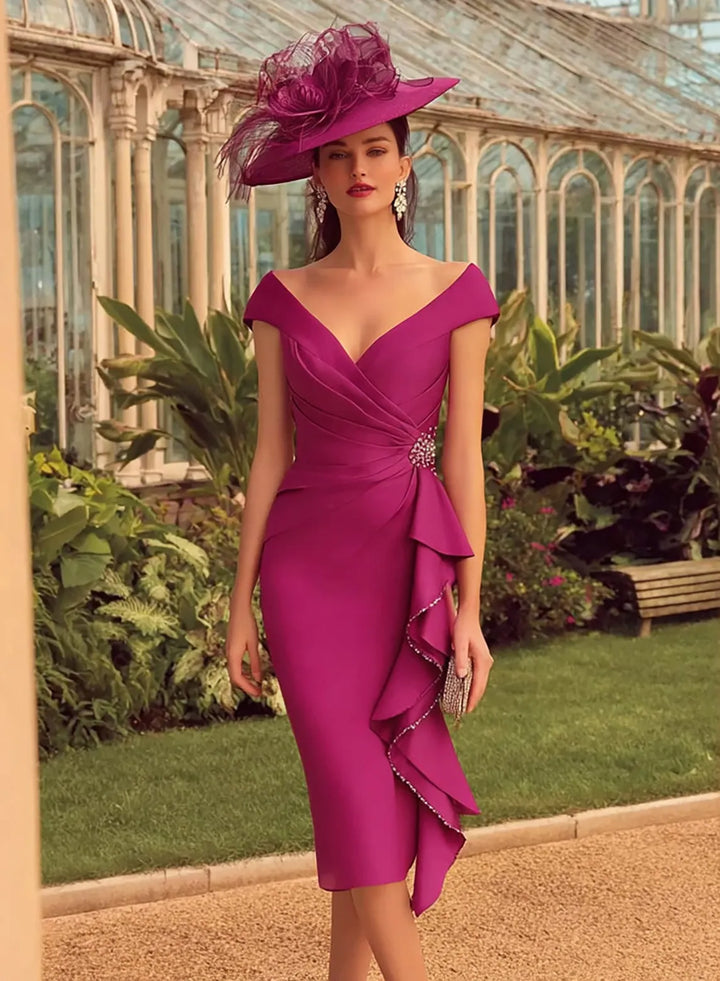 Fuchsia pink wedding guest cocktail dress with off shoulder neckline and sophisticated feminine style
