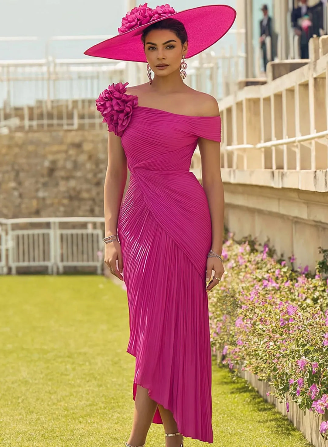 Fuchsia pink wedding guest dress with off shoulder neckline and sophisticated pleated design