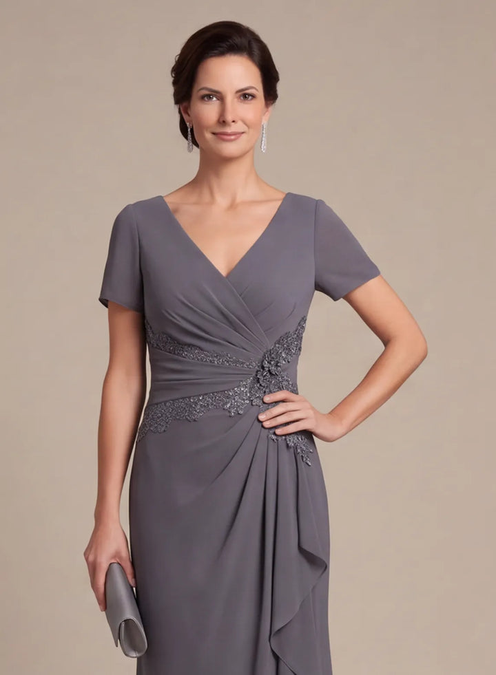Gray V-neck dress bodice with short sleeves and sparkling waist embellishments