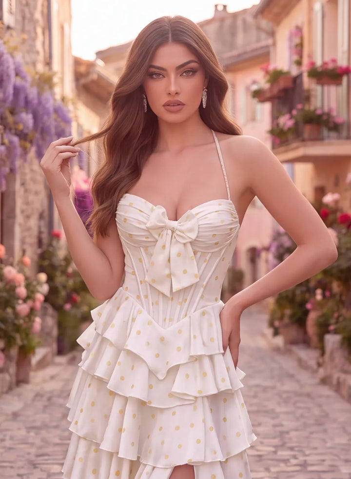 Ivory and gold polka dot prom dress with a front bow, spaghetti straps, corset bodice, and layered ruffle skirt, front view.