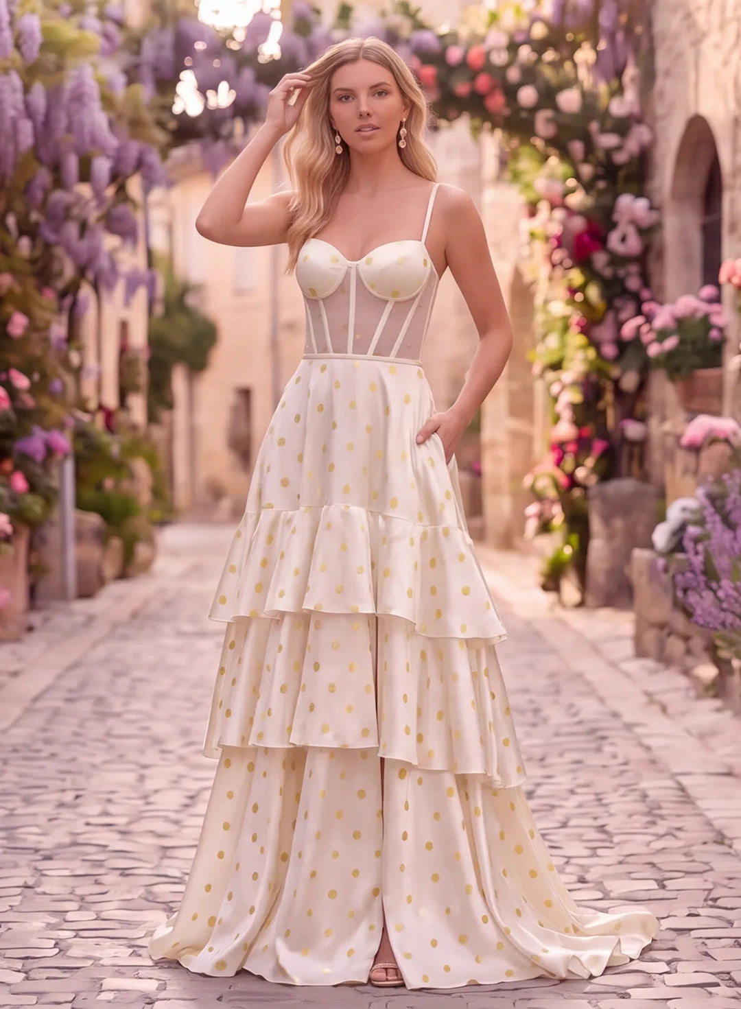 Ivory prom dress with gold polka dots, corset bodice, spaghetti straps and tiered skirt, front view.