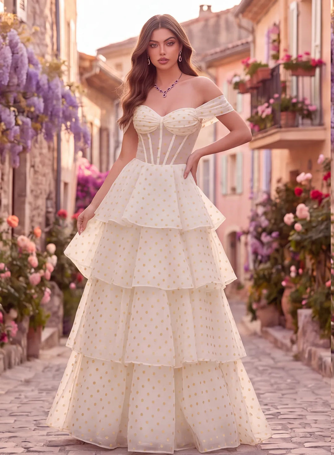 Ivory and gold polka dot off shoulder prom dress with a structured corset bodice and tiered floor length skirt, front view.