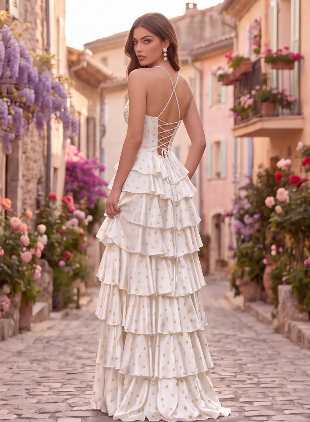 Back view of an ivory and gold polka dot prom dress with thin straps, a lace-up corset back, and a cascading tiered ruffle skirt.