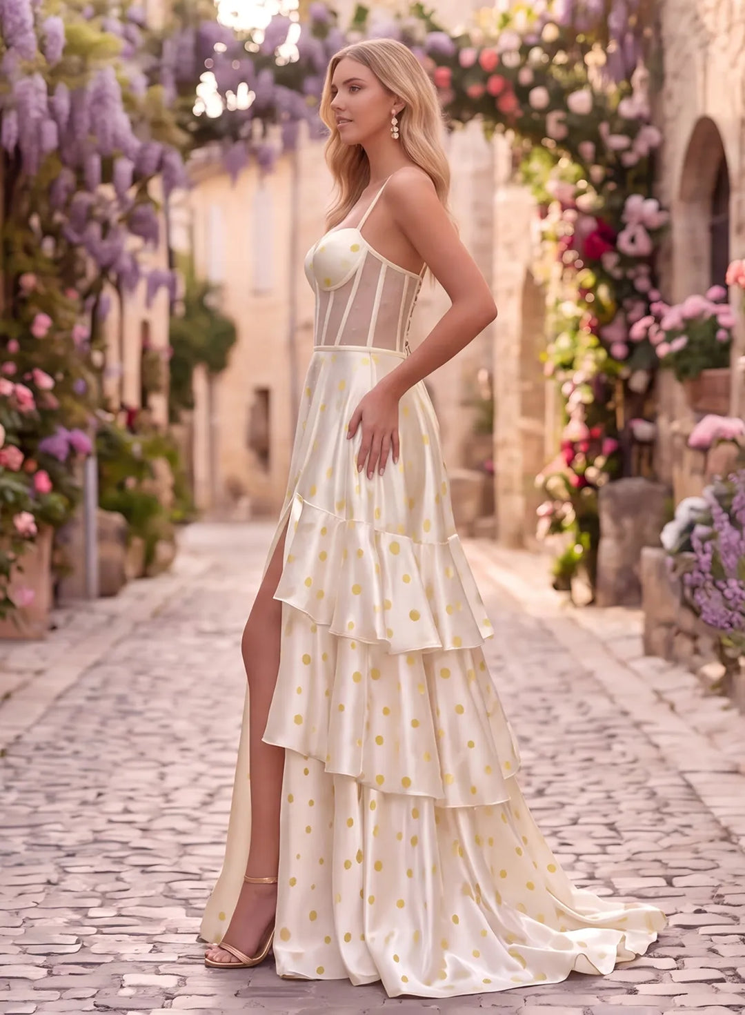 Side view of an ivory and gold polka dot prom dress with a fitted corset bodice, flowing tiered skirt and high slit.