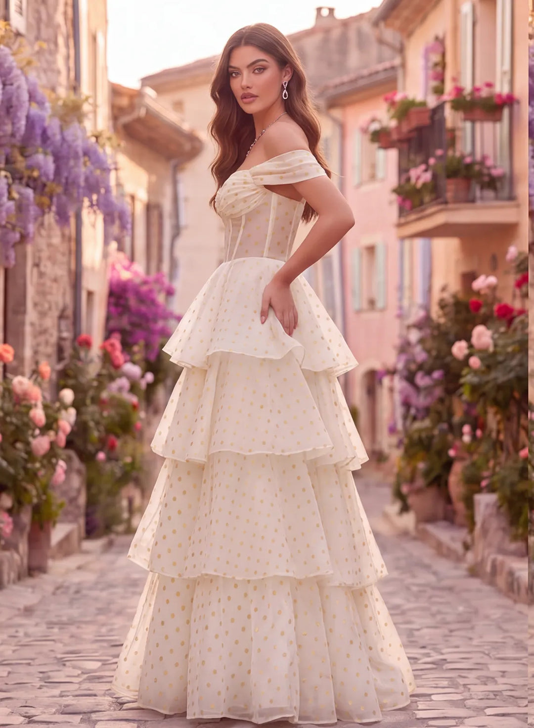 Side view of an ivory and gold polka dot prom gown featuring an off shoulder neckline, fitted corset bodice, and flowing tiered skirt.