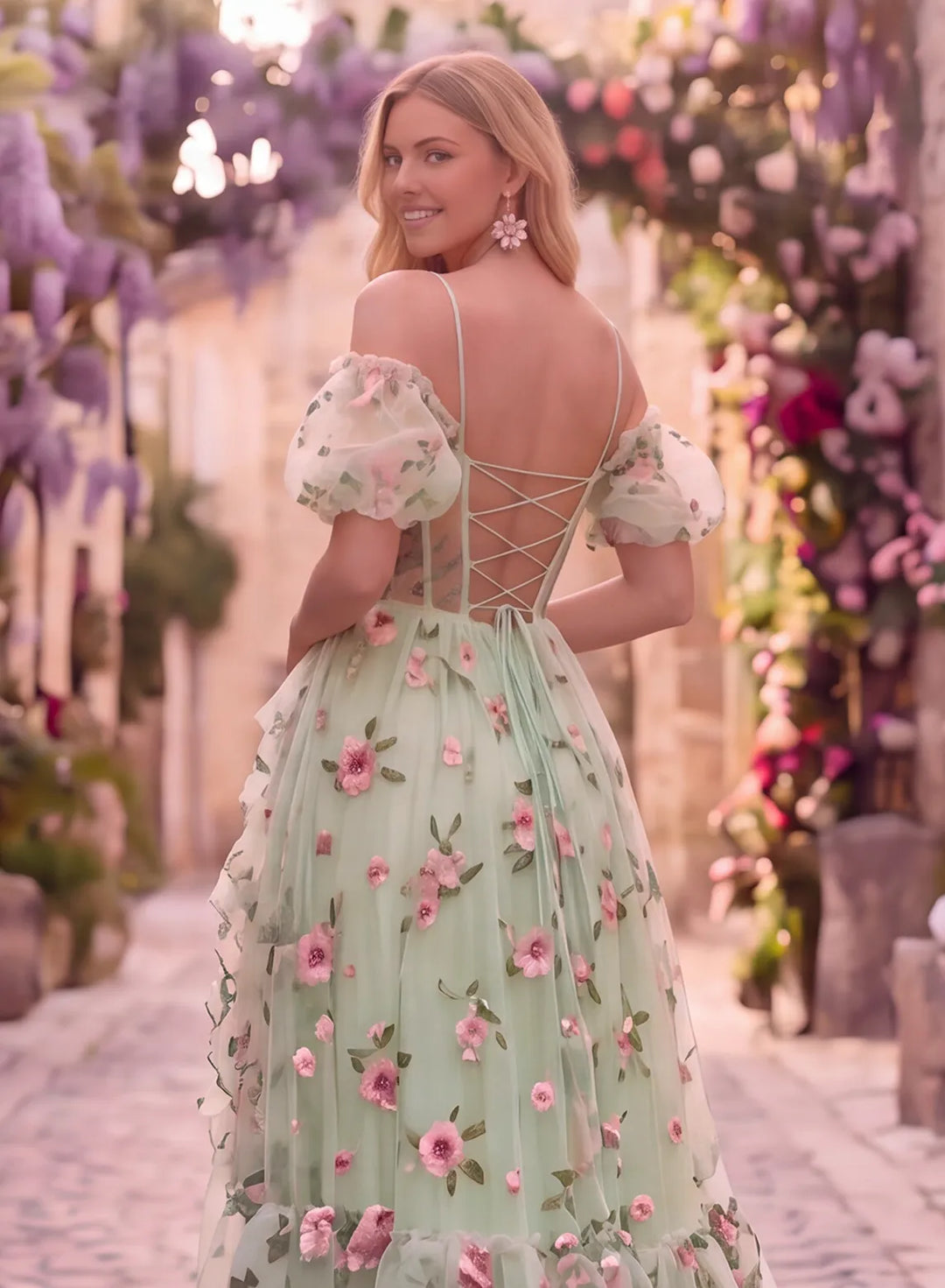 Lace and organza prom dress with floral details side view