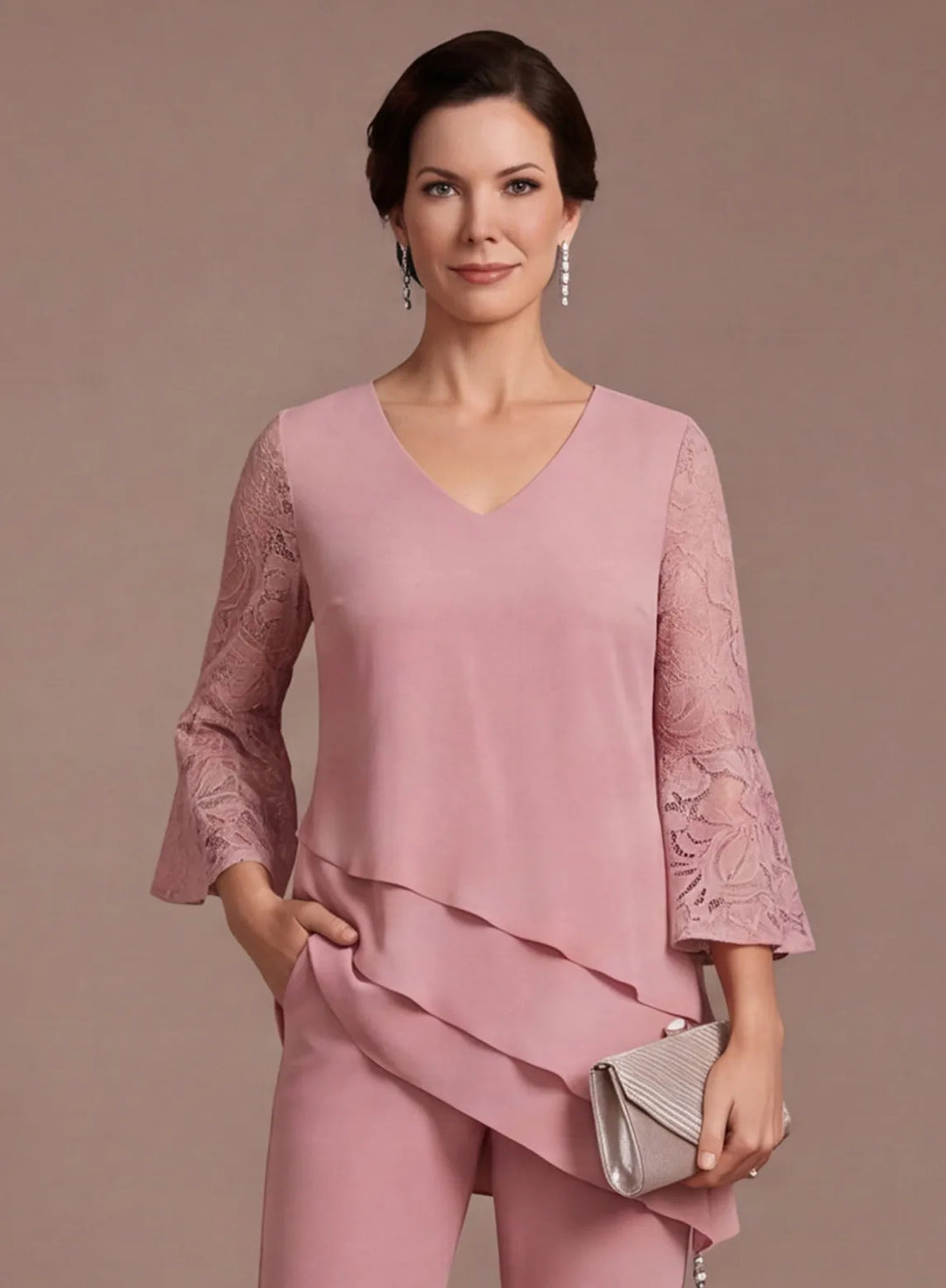 Lace sleeve detail of dusty rose mother of the bride pantsuit