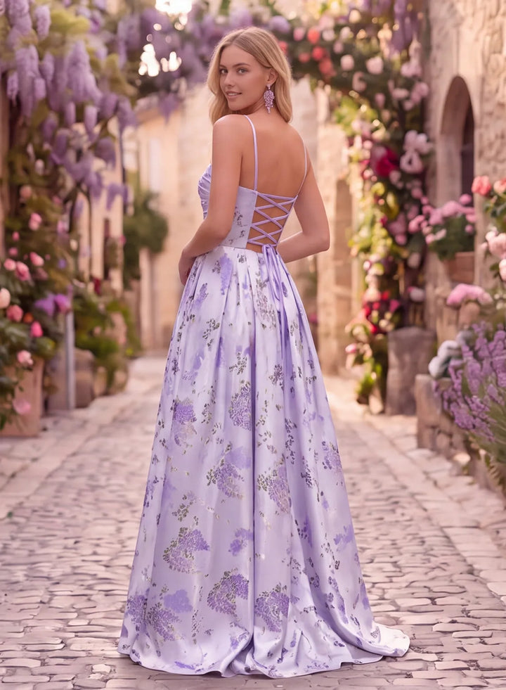 Lavender floral jacquard prom dress with lace-up back and flowing floor-length skirt back view