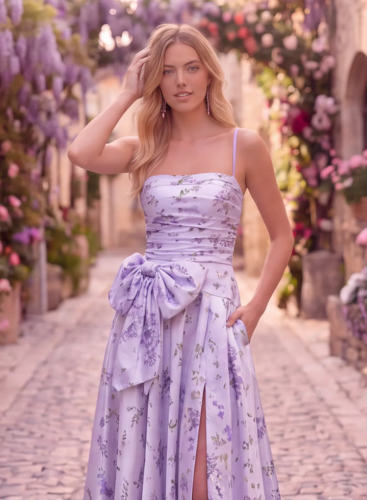 Lavender floral jacquard prom dress with statement waist bow detail