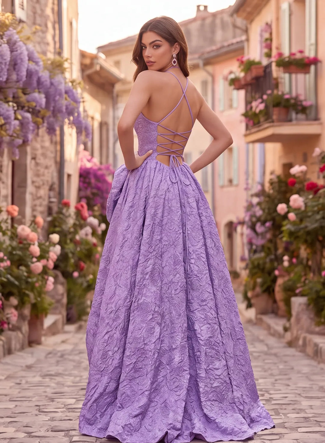 Lavender prom dress with lace-up corset back and flowing floor-length skirt