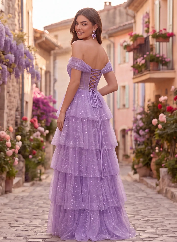 Lavender prom dress with lace-up corset back and layered tulle skirt back view