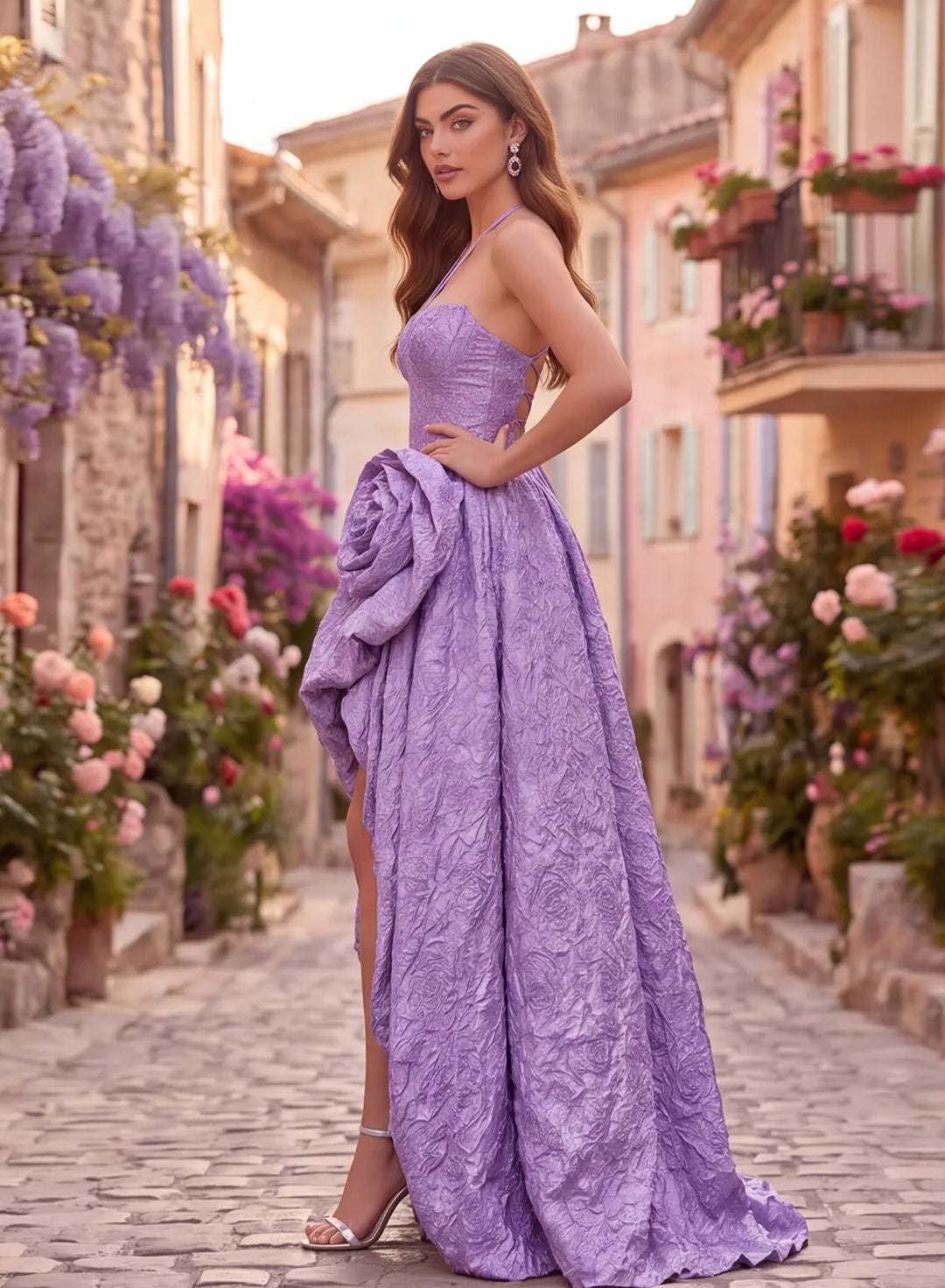 Lavender prom dress with 3D rose detail and flowing draped skirt side view