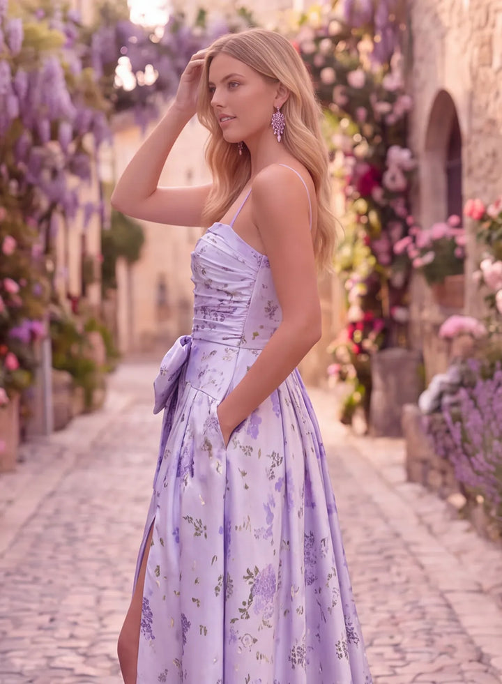Lavender prom dress with ruched square neckline and delicate spaghetti straps