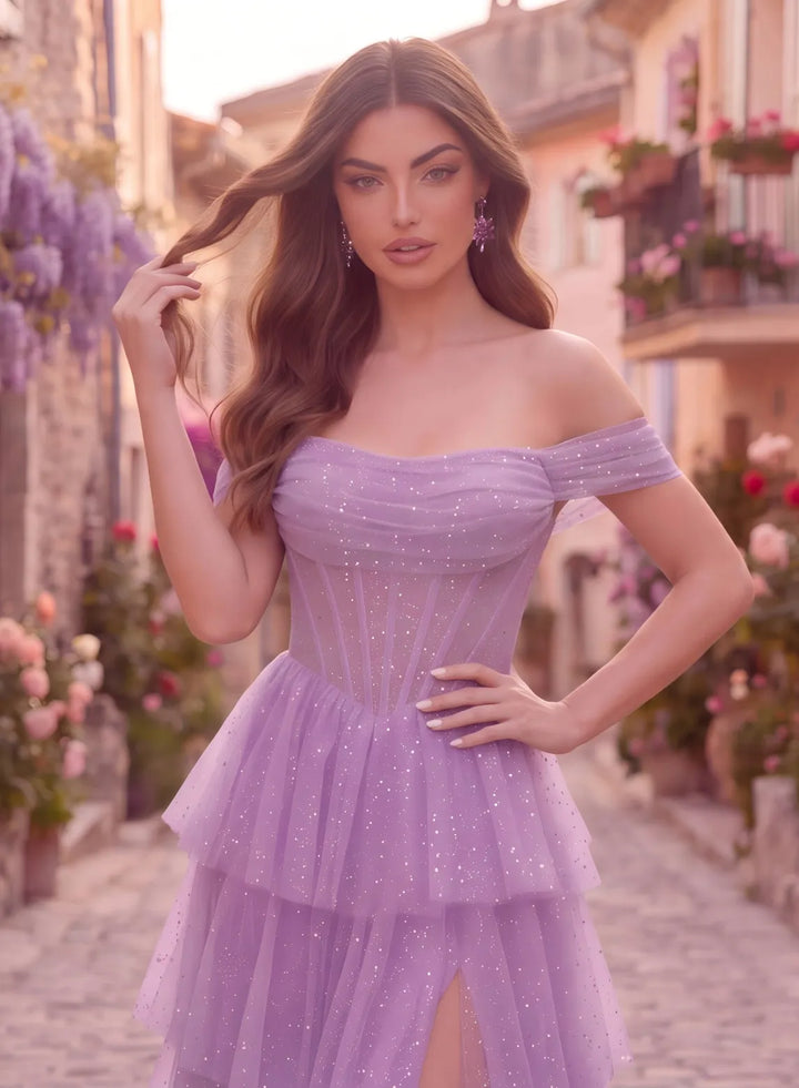 Lavender tulle prom dress with off-the-shoulder neckline and tiered skirt front view