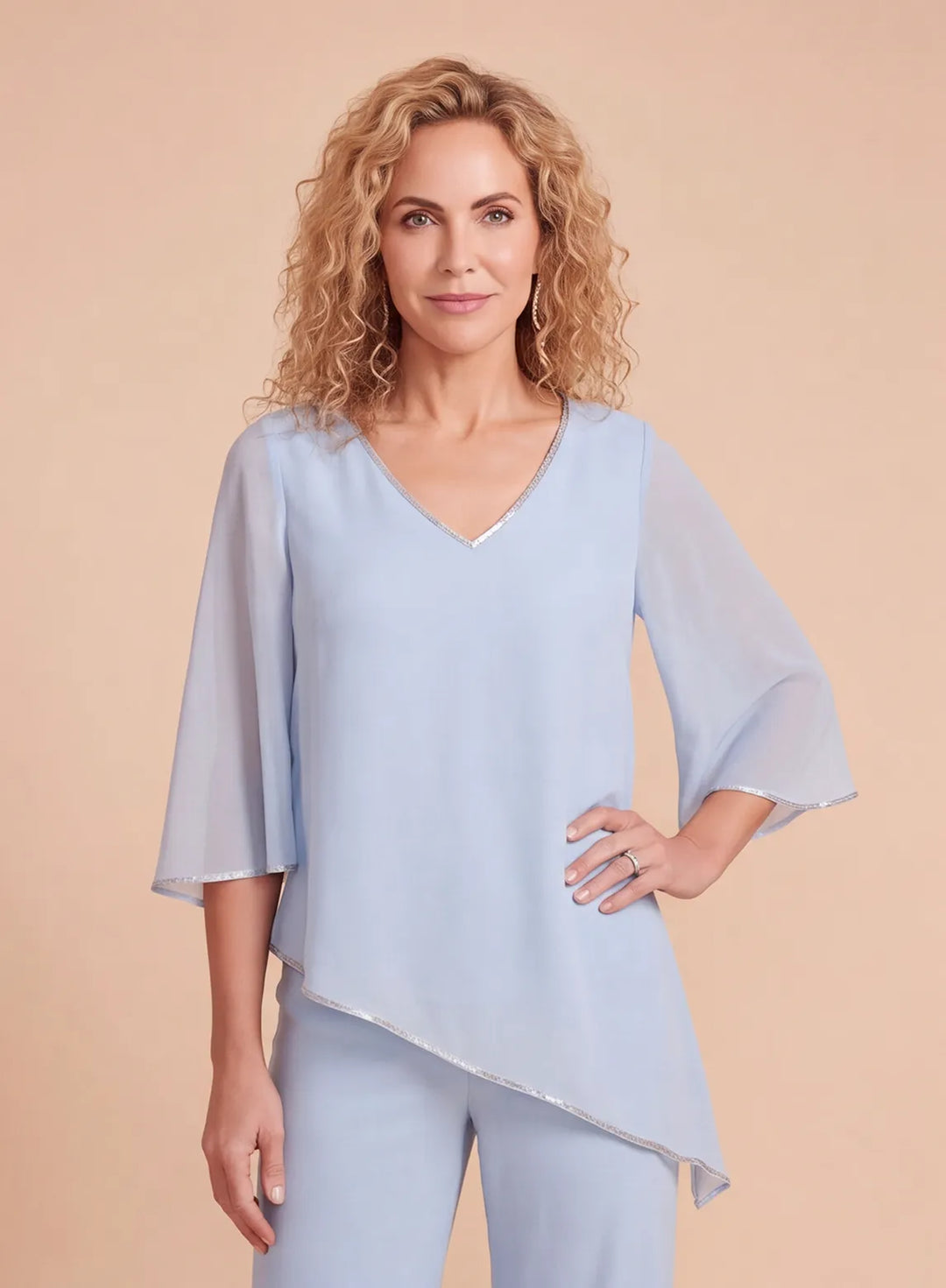 Light blue chiffon pantsuit top with V-neckline, three-quarter sleeves and delicate metallic trim detail