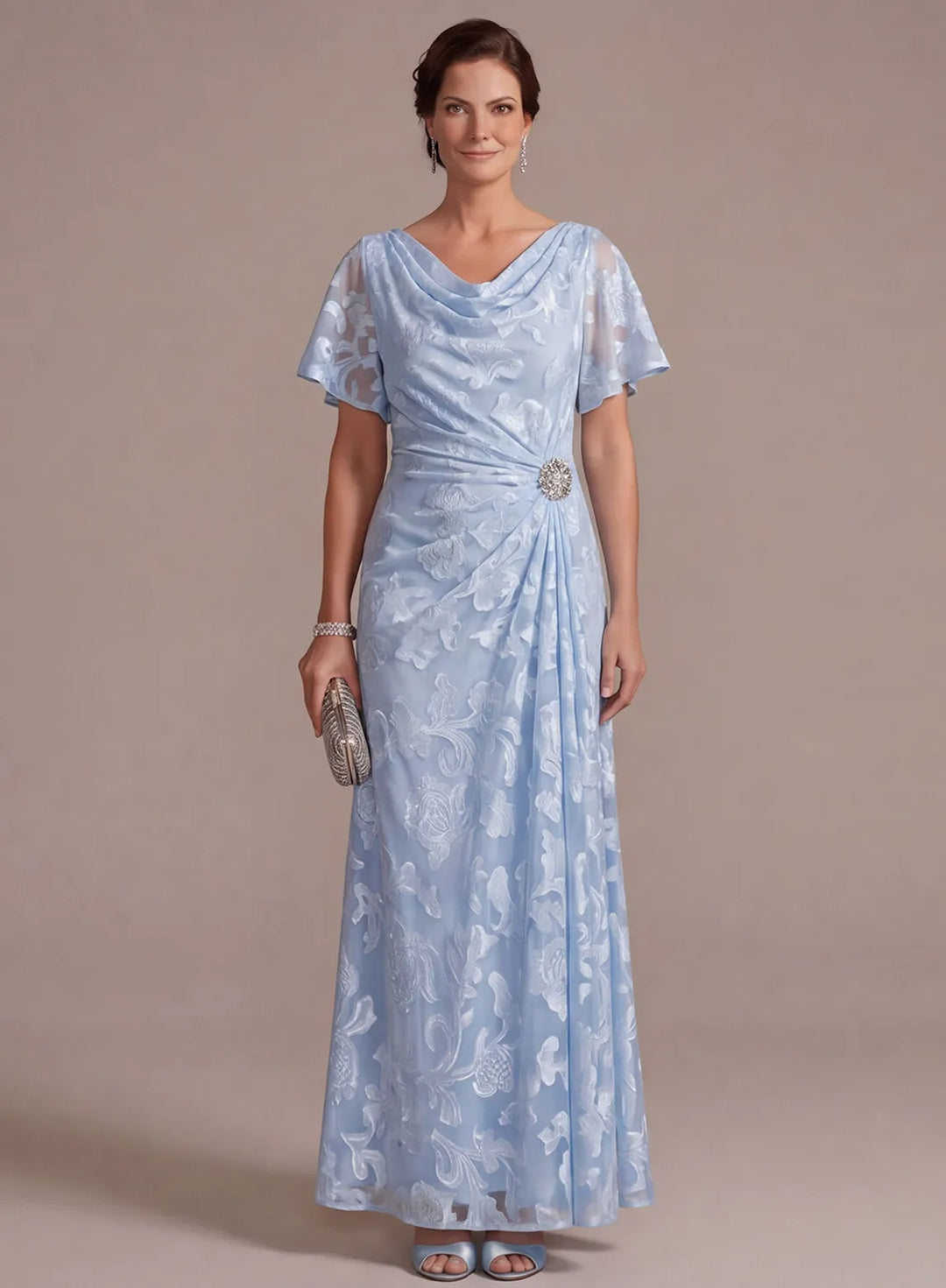 Light blue floral mother of the bride dress with elegant A-line silhouette