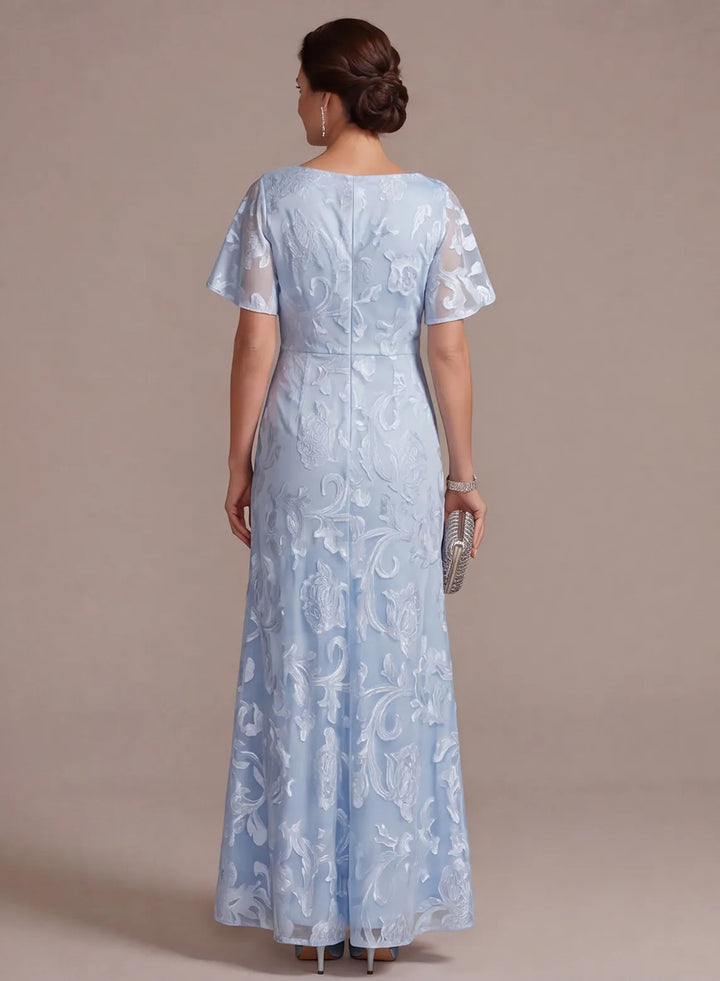 Back view of light blue jacquard formal dress for wedding events