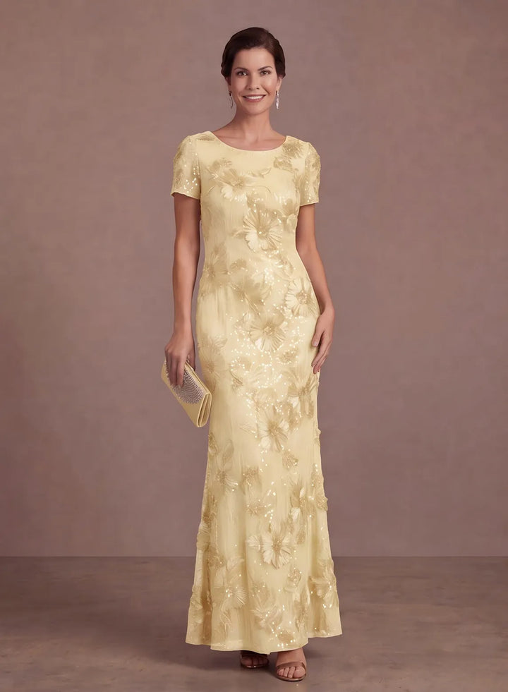 Light gold sequin evening gown with elegant floral decoration and short sleeves