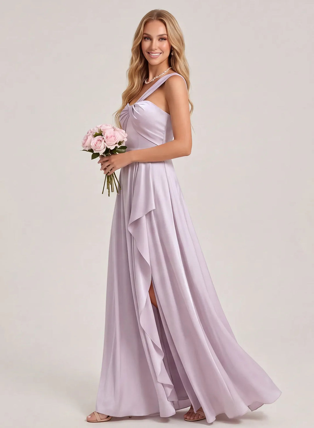 Flowing lilac satin bridesmaid gown with A-line skirt for wedding occasions