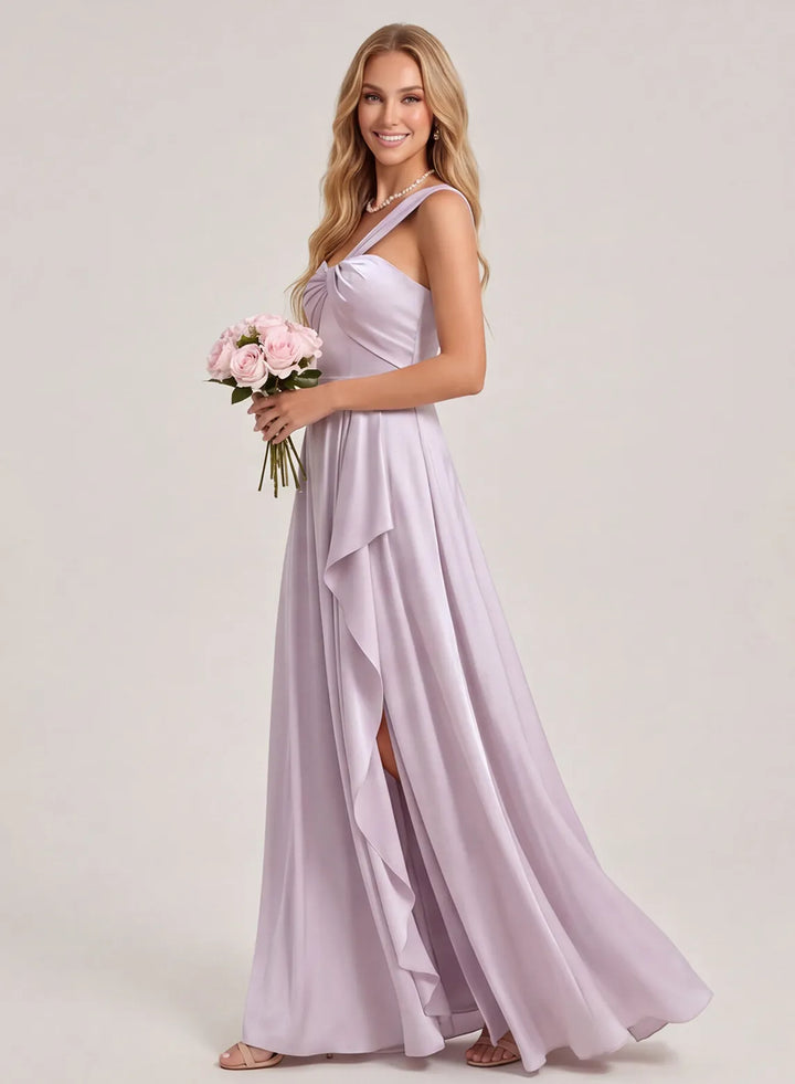 Flowing lilac satin bridesmaid gown with A-line skirt for wedding occasions