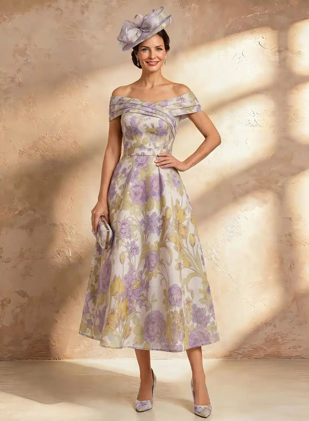 Lilac floral mother of the bride midi dress with off shoulder neckline and flattering A-line shape