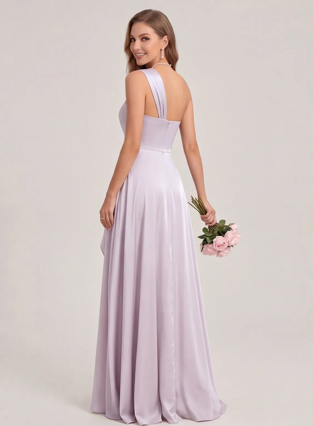 Back view of lilac satin bridesmaid dress with elegant floor length skirt