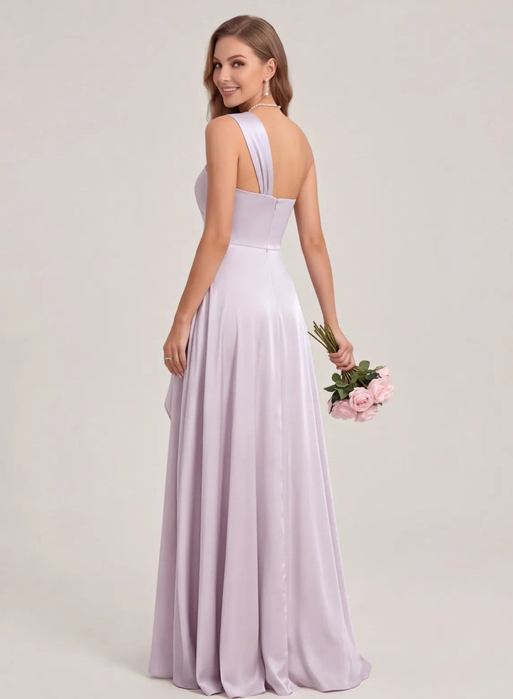 Back view of lilac satin bridesmaid dress with elegant floor length skirt