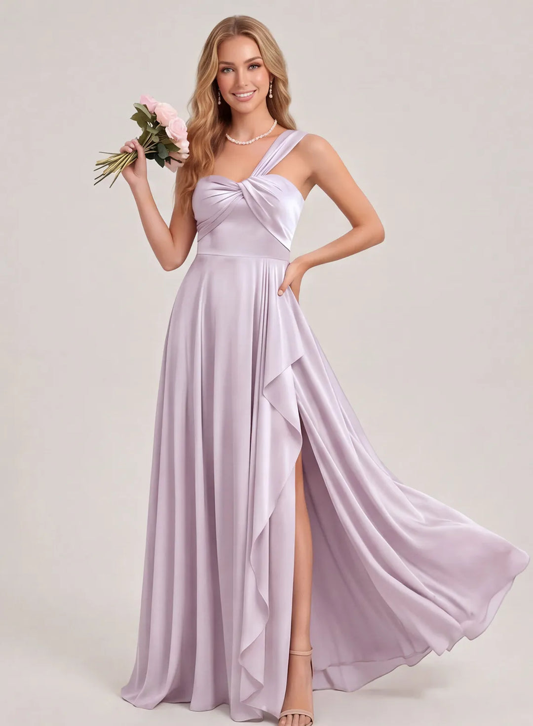 Lilac satin one shoulder bridesmaid dress with twist front detail and side slit