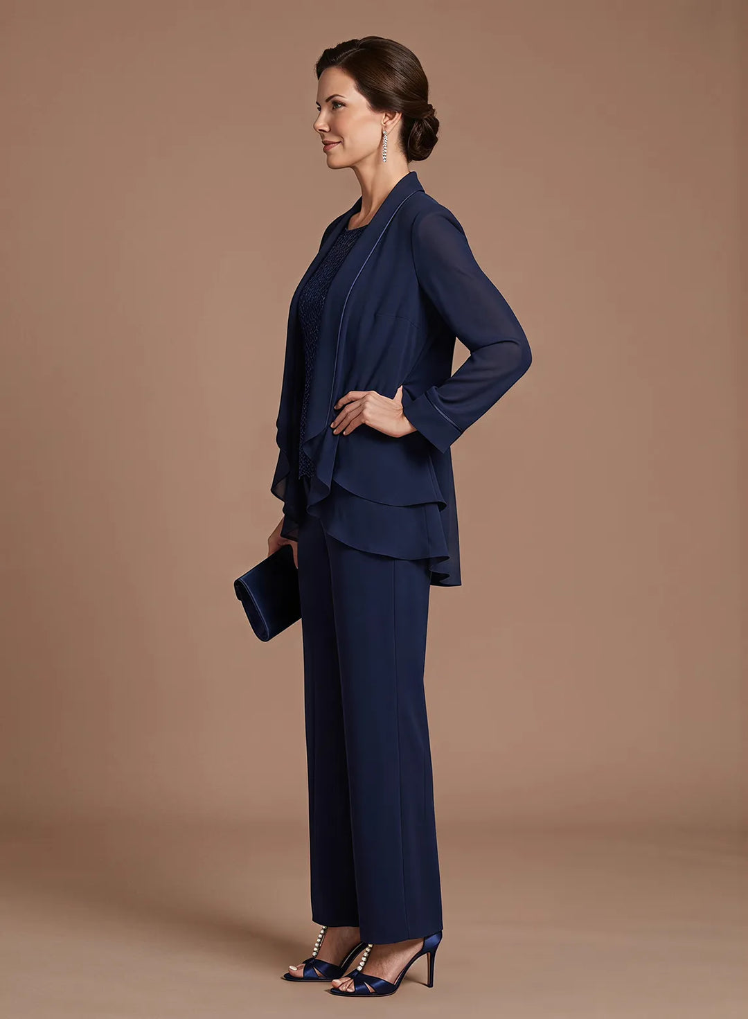 Side view of an elegant navy blue women&