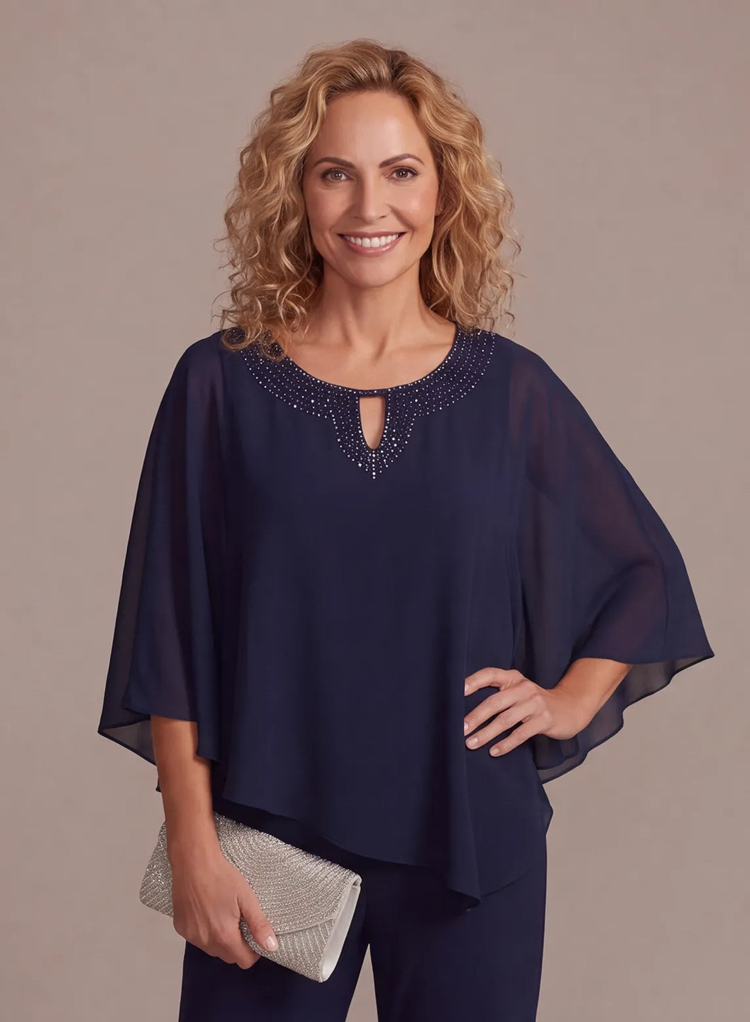 Navy beaded V neck cape top detail for elegant wedding outfit