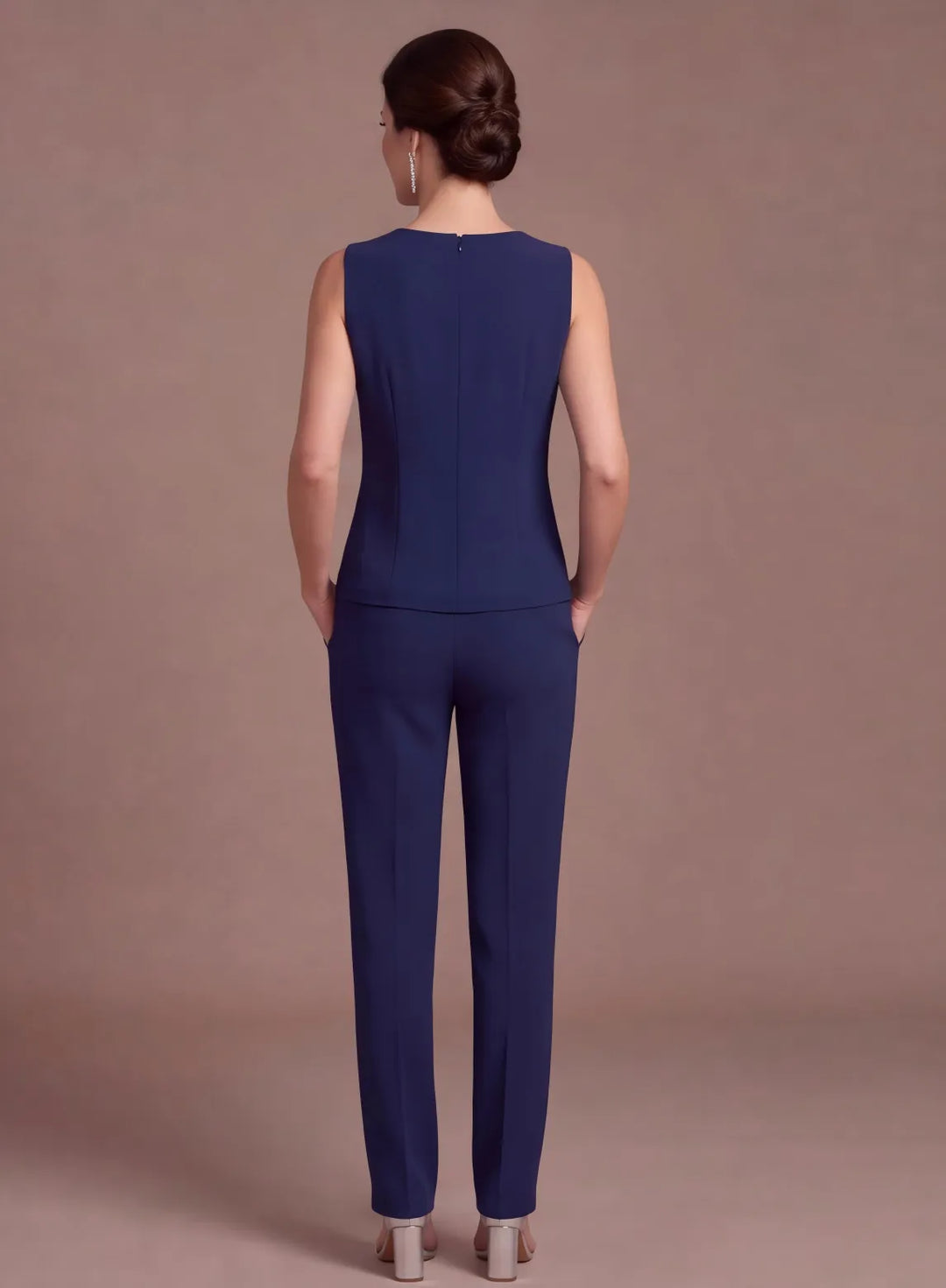 Navy blue chiffon 3-piece pantsuit showing the back of the top and matching trousers