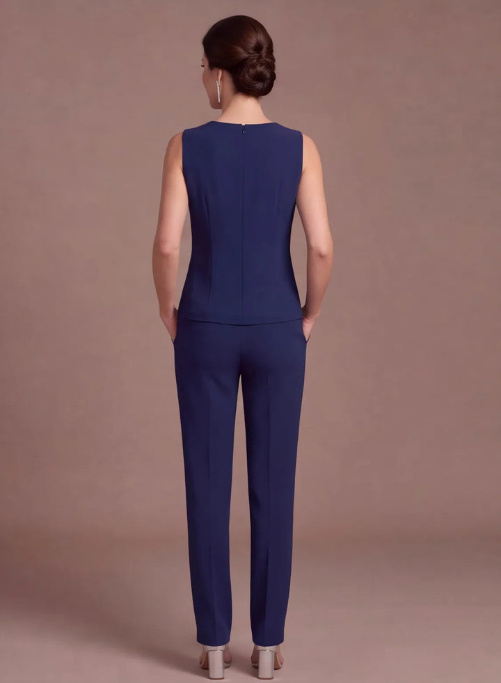 Navy blue chiffon 3-piece pantsuit showing the back of the top and matching trousers
