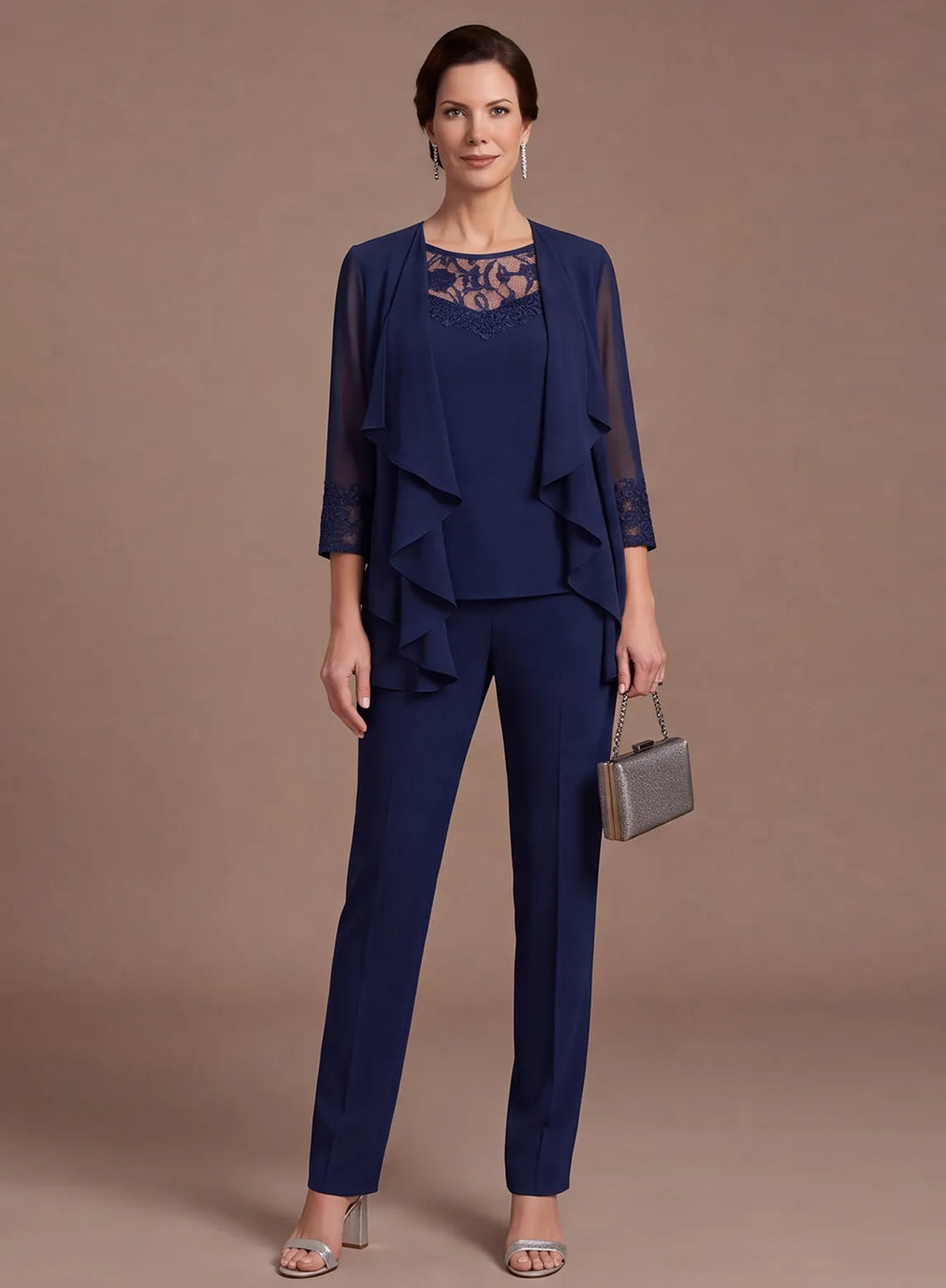 Navy blue chiffon 3-piece pantsuit set with lace neckline and layered top, front view