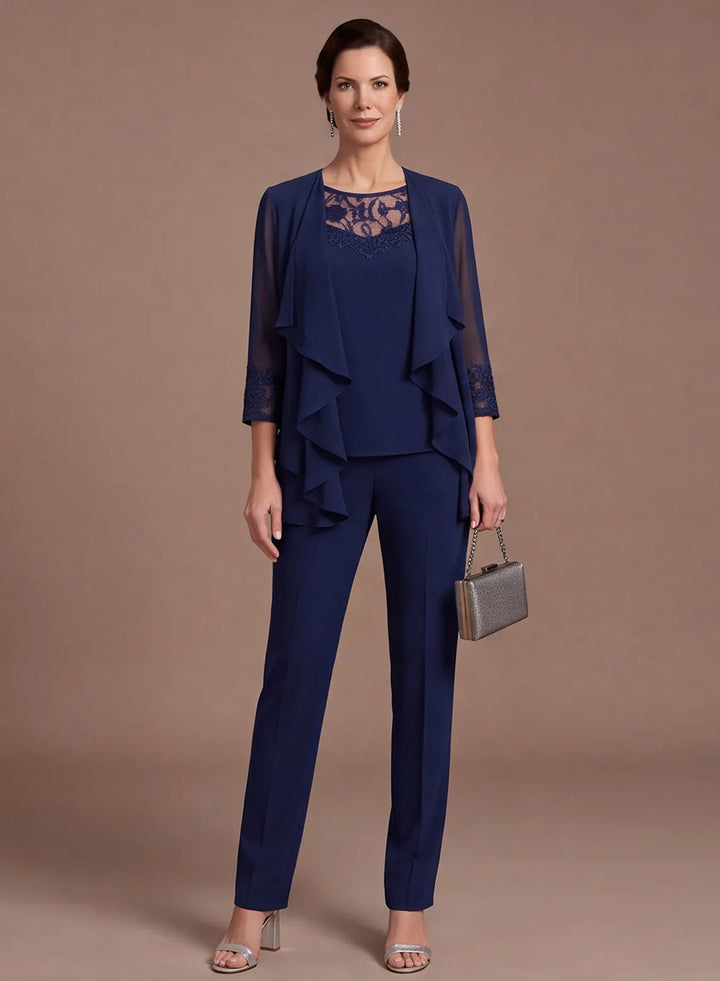 Navy blue chiffon 3-piece pantsuit set with lace neckline and layered top, front view