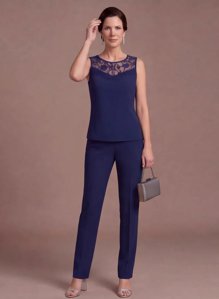 Navy blue 3-piece pantsuit with lace neckline and elegant layered chiffon top