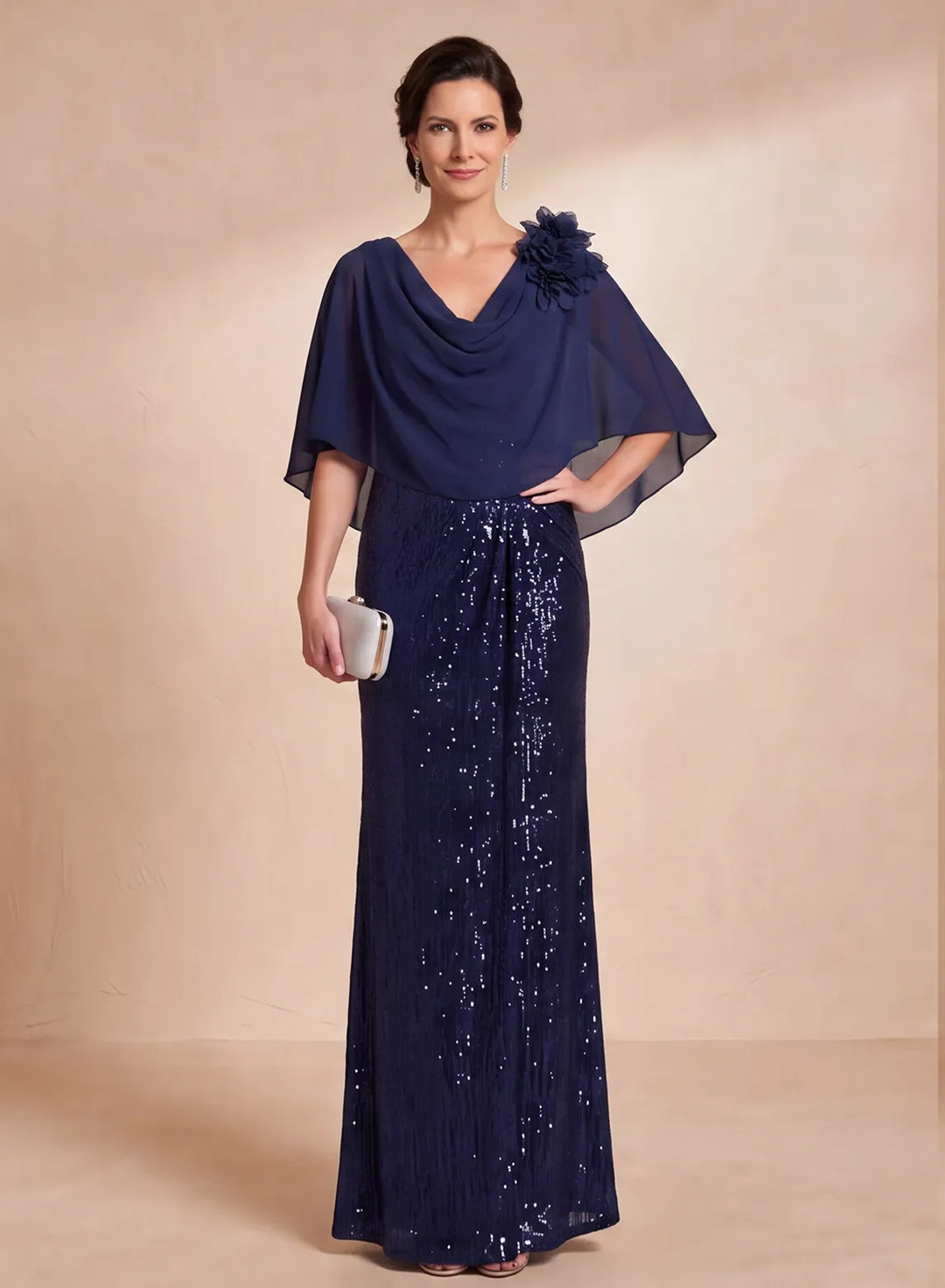 Navy blue chiffon sequin mother of the bride dress with floral shoulder detail front view