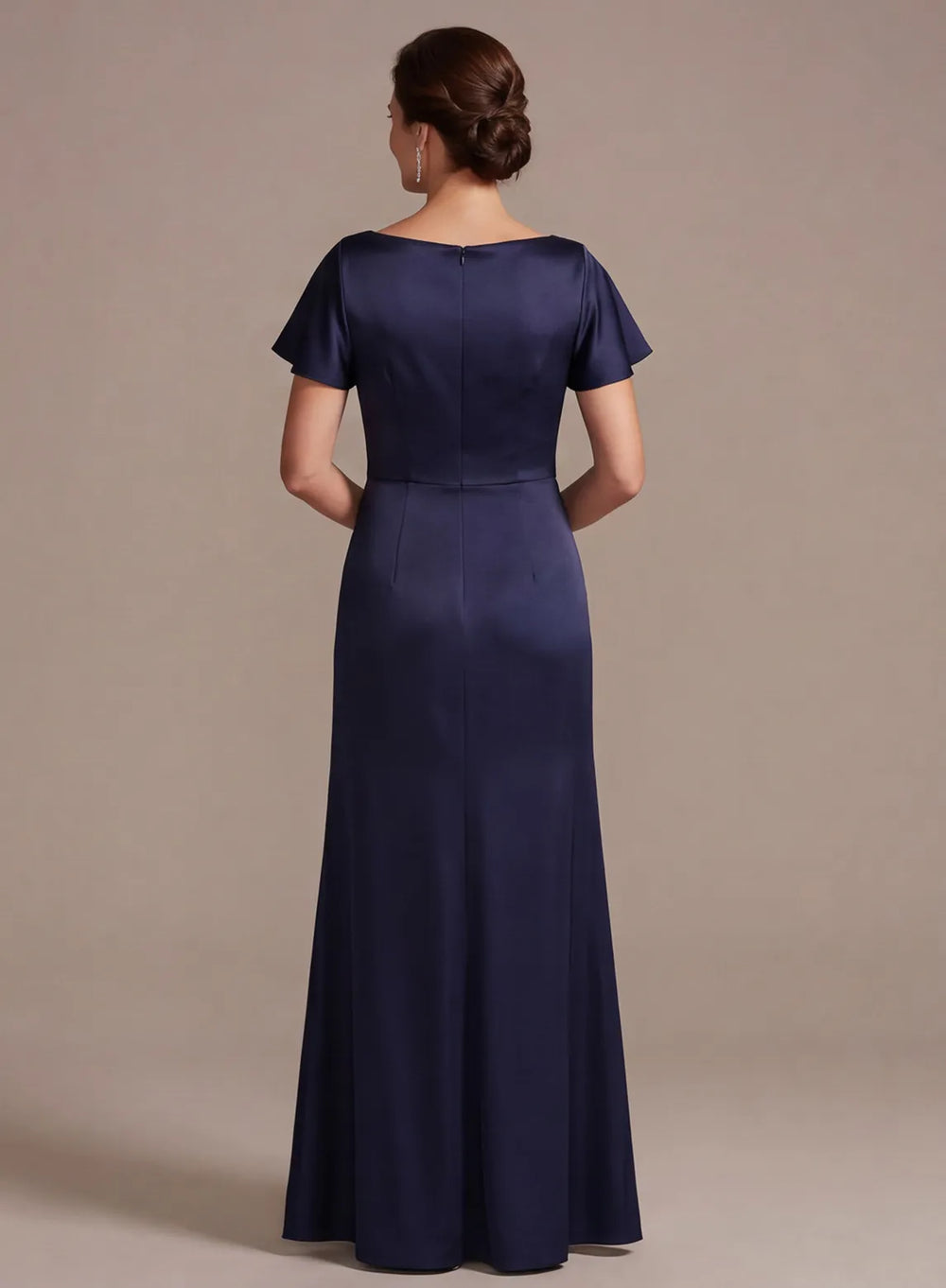 Back view of navy blue mother of the bride gown with satin fabric and elegant fitted waist