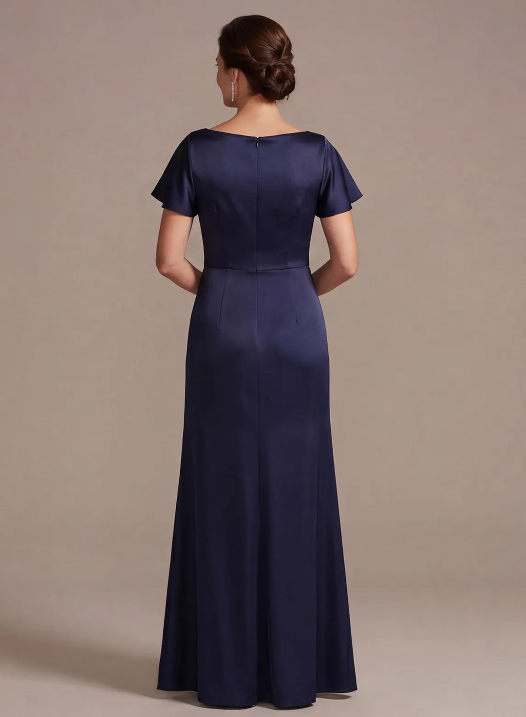 Back view of navy blue mother of the bride gown with satin fabric and elegant fitted waist
