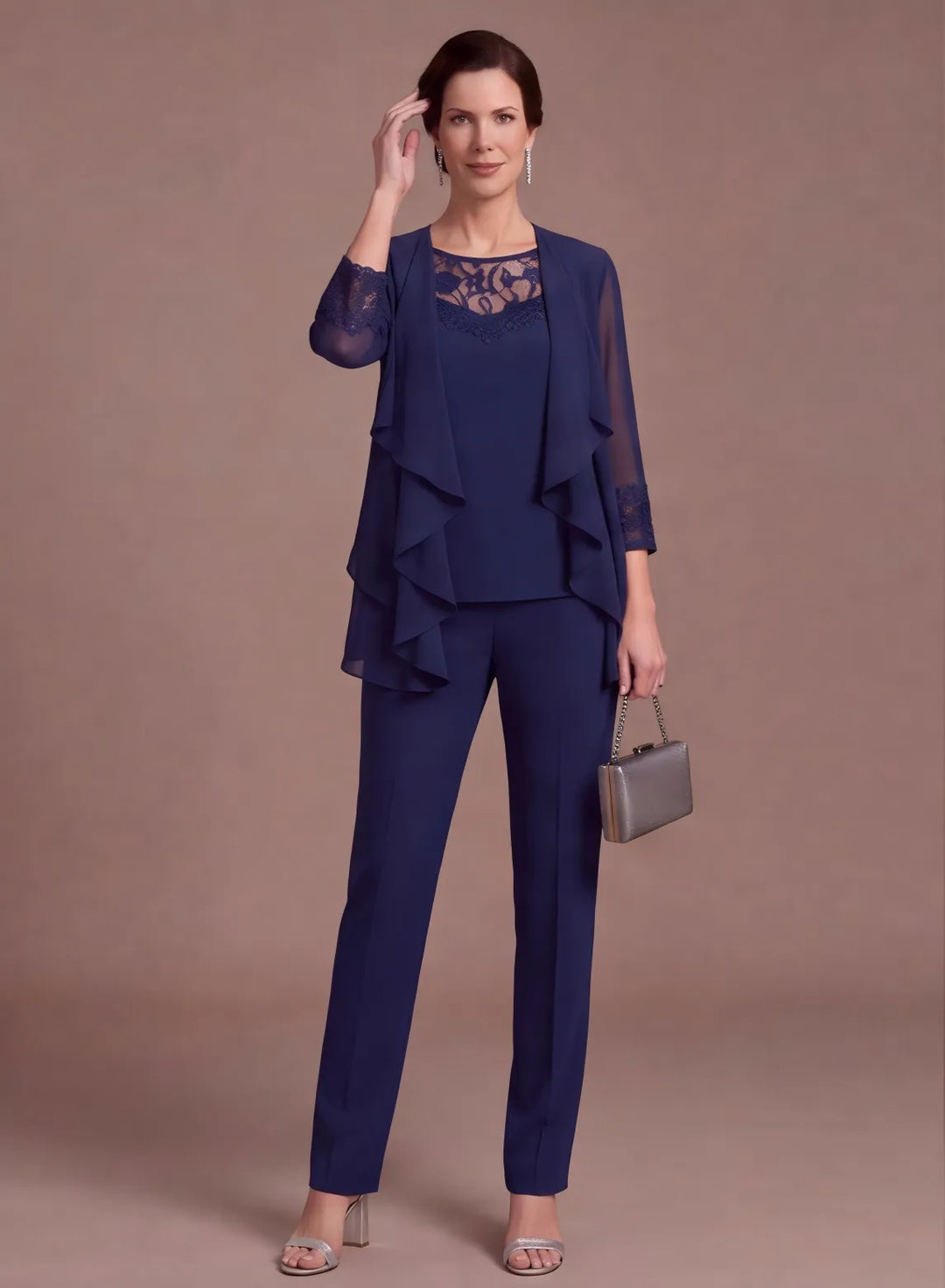 Navy blue 3-piece chiffon pantsuit with lace neckline detail, angled front view