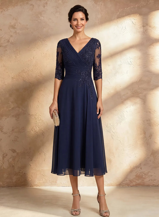 Navy blue mother of the bride dress with lace sleeves and elegant V neckline