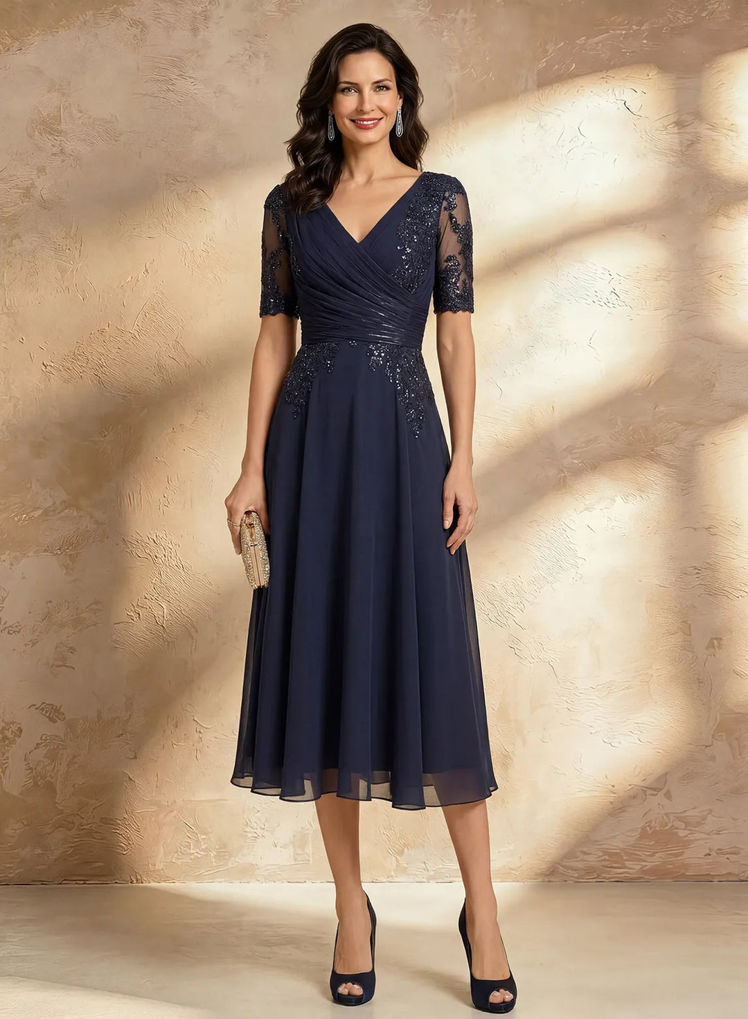 Elegant Navy Chiffon Midi Dress with Lace Sleeves for Wedding Guests Navy / US 18W