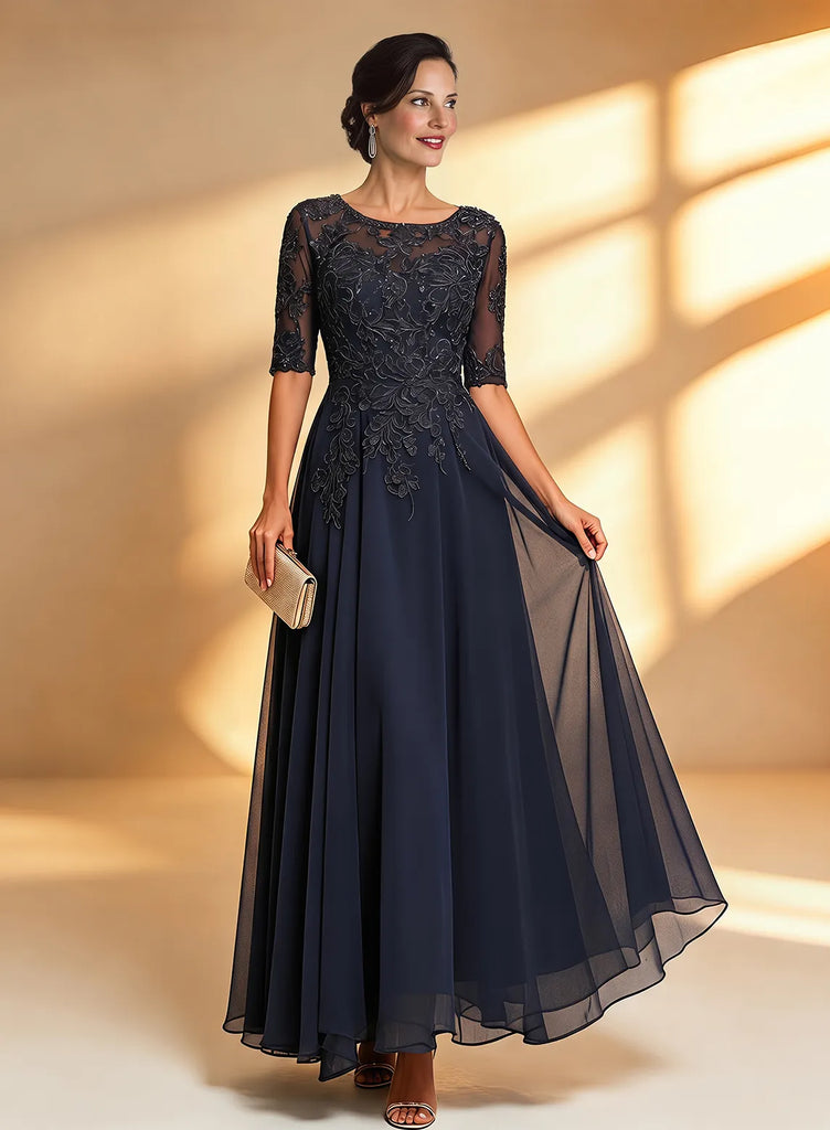 Navy Lace Mother of the Bride Dress Midi A-Line Formal Wedding Guest Dress