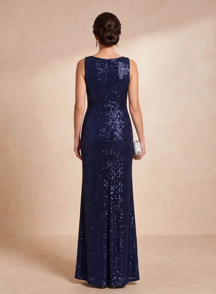 Back view of navy blue sleeveless floor-length sequin evening dress