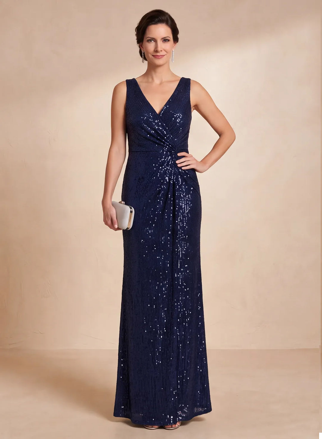 Navy blue V-neck sequin formal gown with sleeveless design front view
