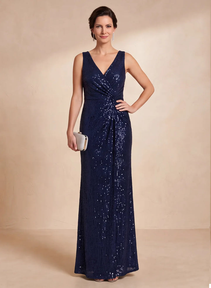 Navy blue V-neck sequin formal gown with sleeveless design front view