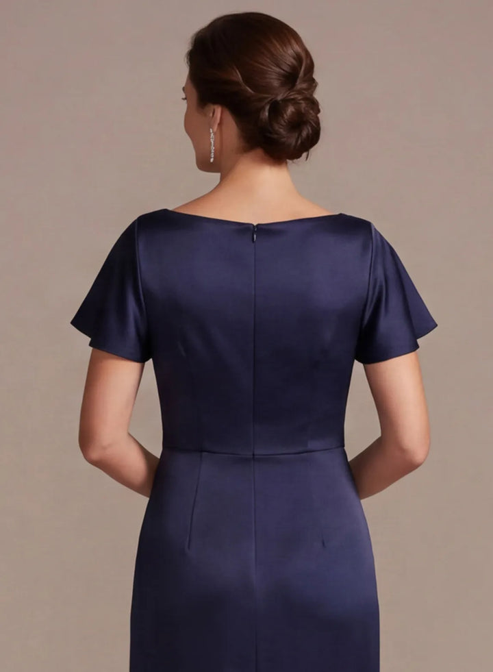 Navy blue mother of the bride dress with short flutter sleeves and elegant back design