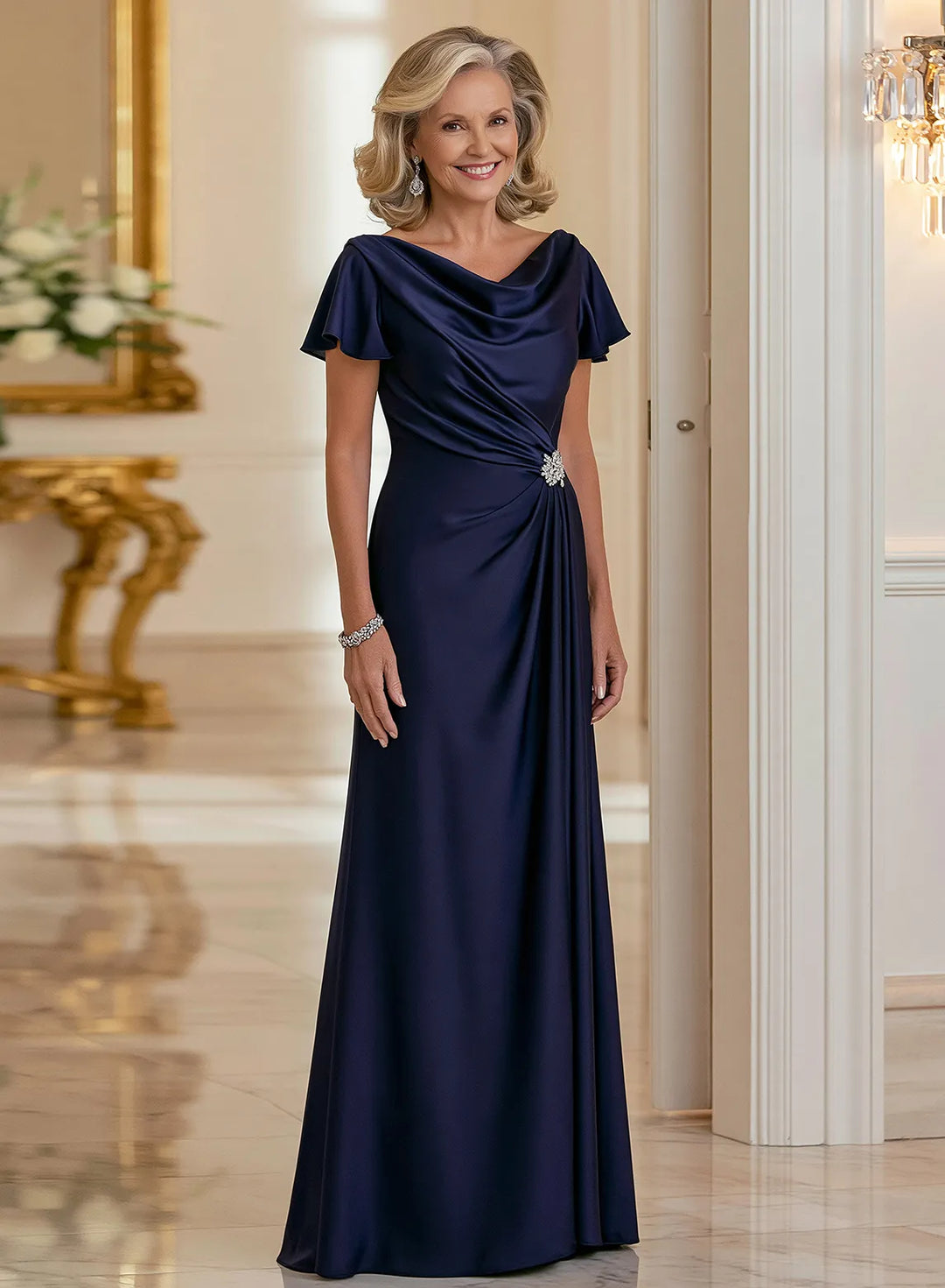 Elegant navy blue wedding guest dress for mother of the bride special occasion