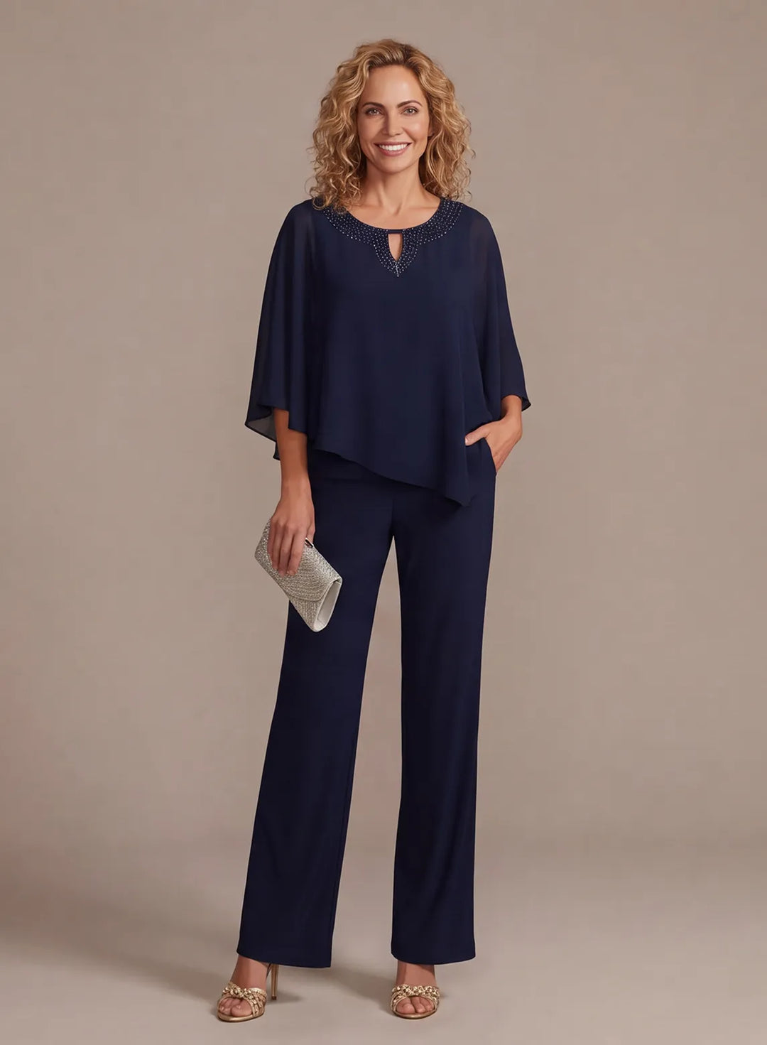 Navy cape pantsuit for mother of the bride with wide leg pants